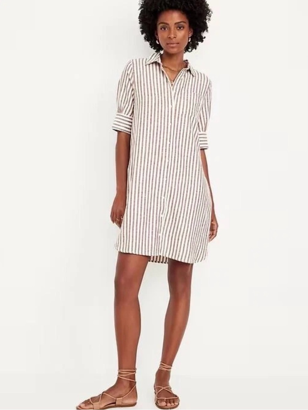 Old Navy Striped Linen-Blend Button-Up Shirt  dress with side pockets.